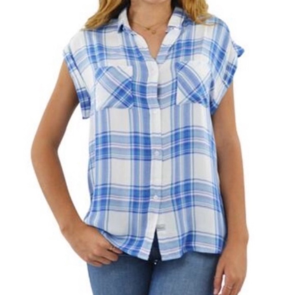 Rails Britt Cap Sleeve Plaid Button Down Shirt White/Blue/Lilac S Rayon - Picture 6 of 6